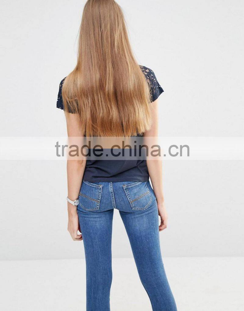 2016 wholesale women t shirt blank cotton t and model shirt with lace sleeve