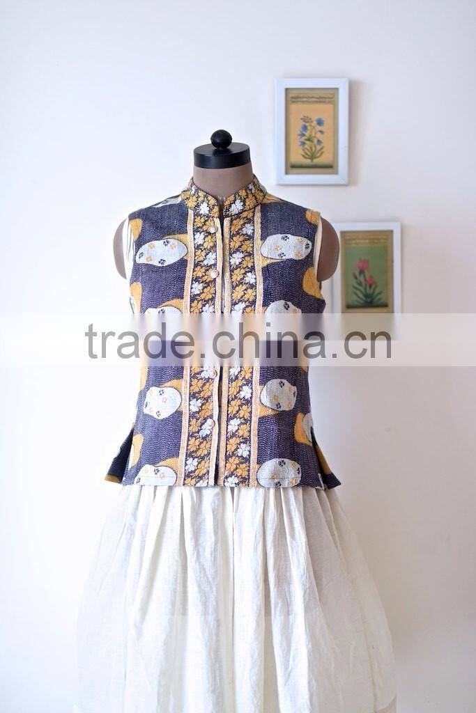 Vintage Kantha Vest in Yellow & Purple Floral Print ~ Small