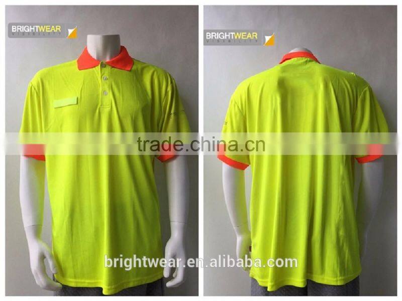 Mens high quality high visibility fluorescent short sleeve contrast rib collar micro mesh safety polo tshirt