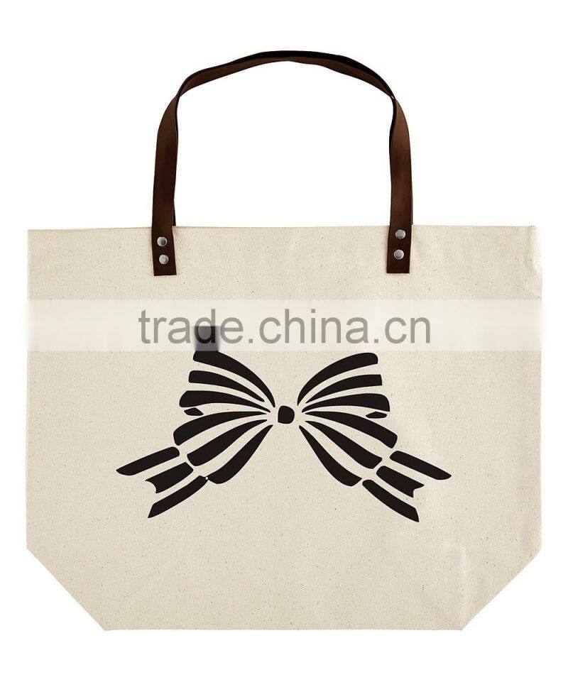 High quality reusable canvas shopping bag with pu leather handles