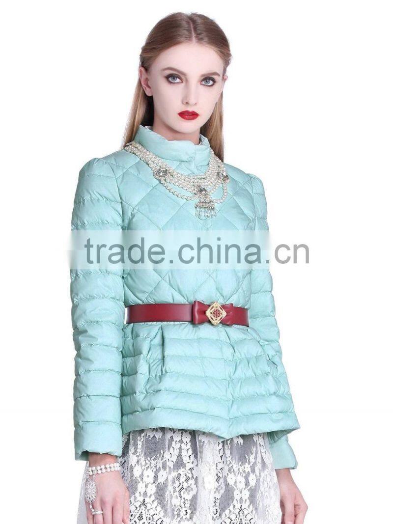 Womens light blue slim fit button-up down jacket with adjustable elastic belt