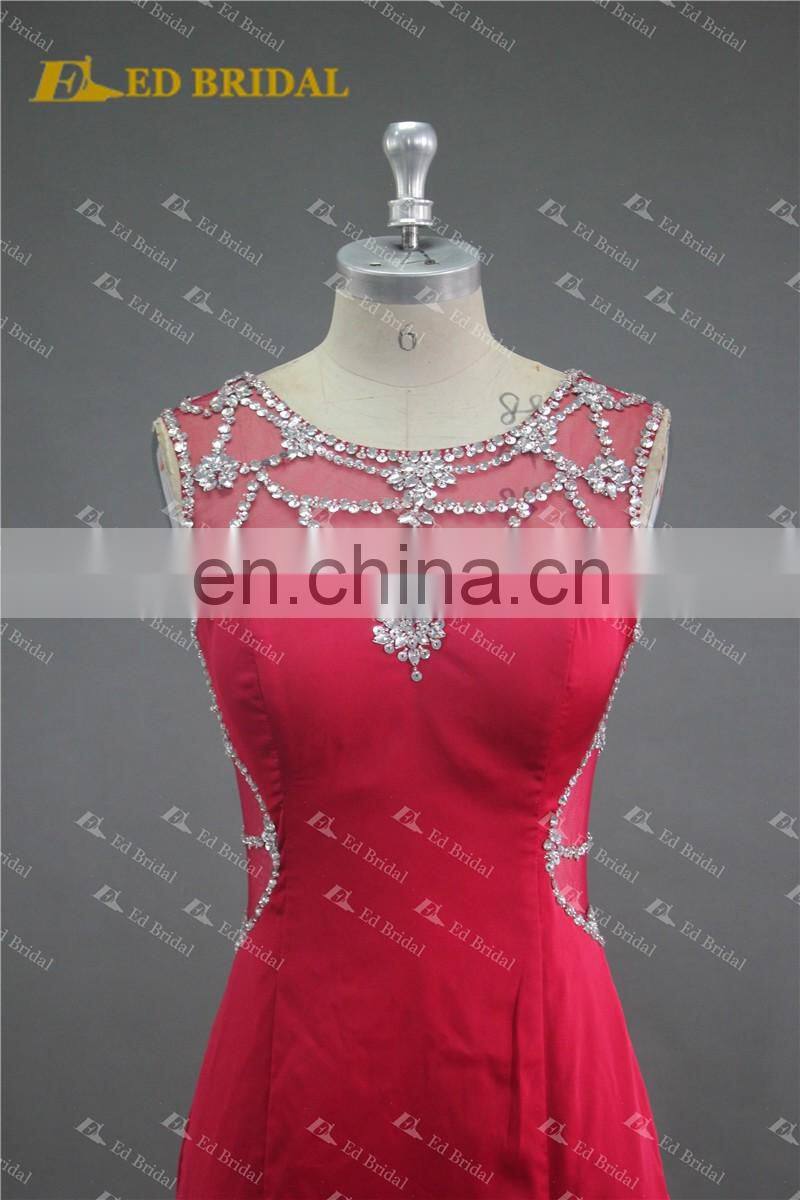Real Sample Sexy See Through Back Beaded Side Slit Red Formal Gown Evening Dress