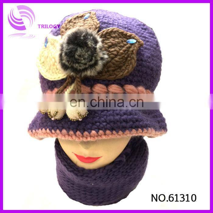 acrylic knitted lady and girls winter cap with bowknot