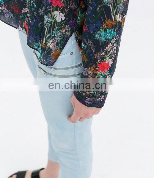 Hot selling China clothing floral print long sleeve sheer chiffon blouses
