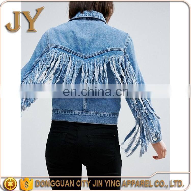 New Design Women Long Sleeve Summer Denim Midwash Blue Short Jackets with Fringed Back