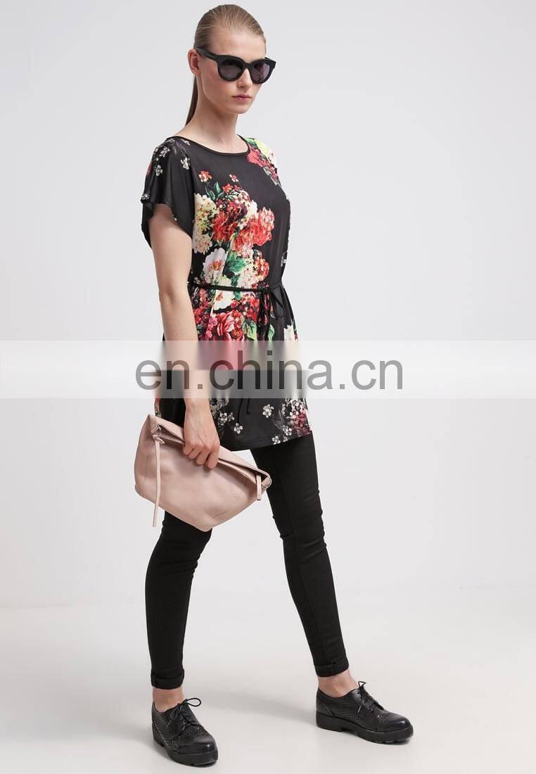 Fashion 2017 Trend Ladies Ice Silk Batwing Sleeve Floral Printed Tunic Top