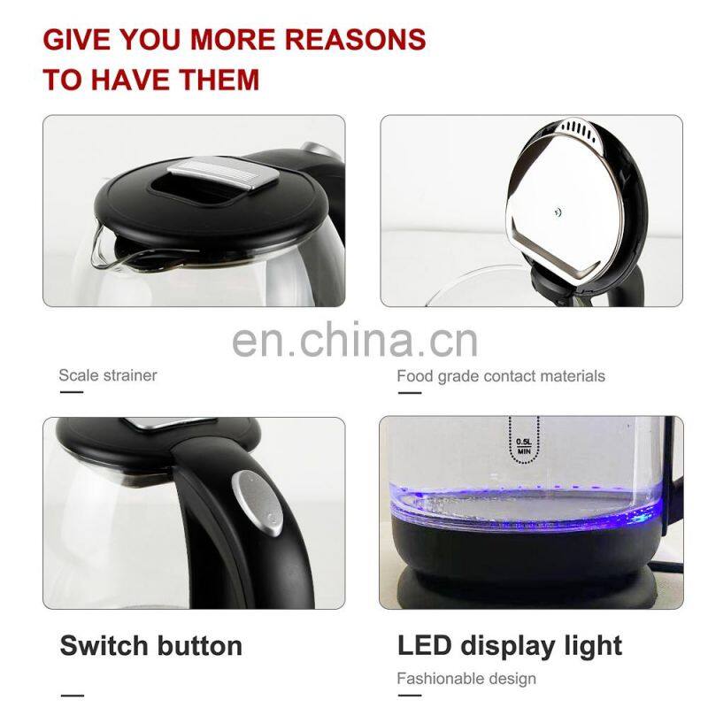 2020 NEW 360 degree glass electric water kettle Led light 304 S/Steel heater 1500W 1.8L