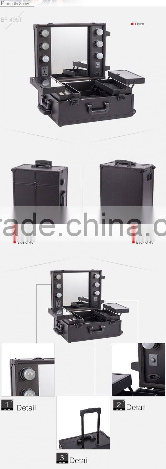 Fashion aluminum portable cosmetic case ,rolling makeup case with lights