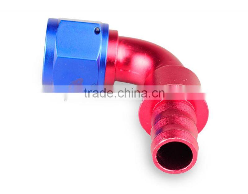 Aluminum oil cooler hose fitting 90 degree push on hose end push on fitting blue and red 10-090-10