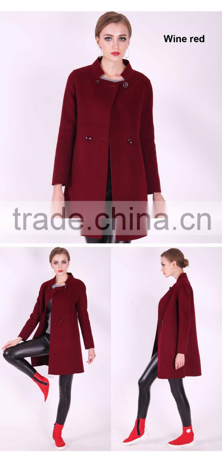 Spring Fashion Lapel Women Medium Length Slim Fit Wool Coat