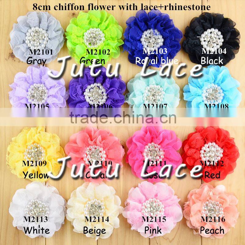 10cm chiffon lace rhinestone with pearl flower- chiffon lace flower- pearl lace flower headband