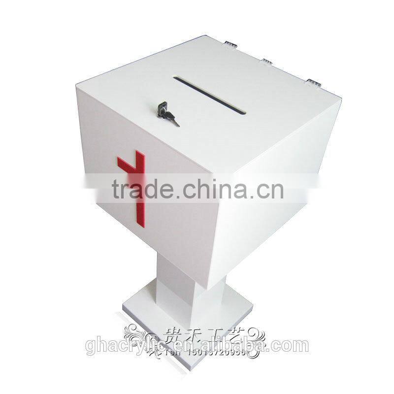 GH-RJ003 white acrylic donation boxes with locks/white donation boxes with red cross