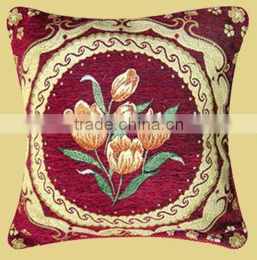Middle East Cheap Price Tulips Design Golden Round Chenille Red Sofa Cushion XH-001