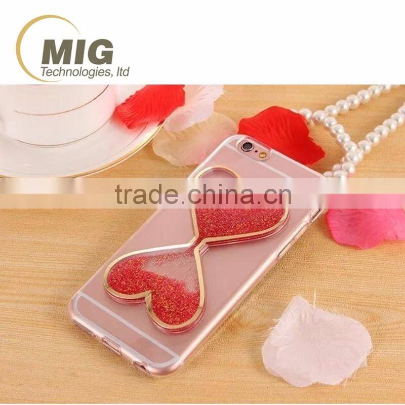 Fasion Designed 3D Heart-Shaped quikcksand cell phone case, transparent Soft TPU cover for iphone 6/6s