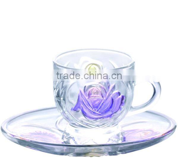 Colorful rose pattern glass cup and saucer set