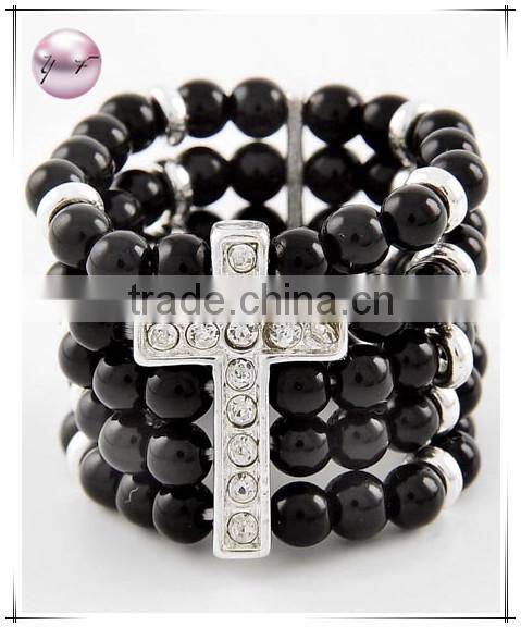 Silver Tone Black Acrylic Clear Rhinestone Cross Stretch Ring