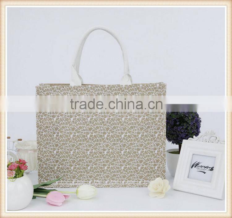 2015 new design jute shopping bag with lace cover