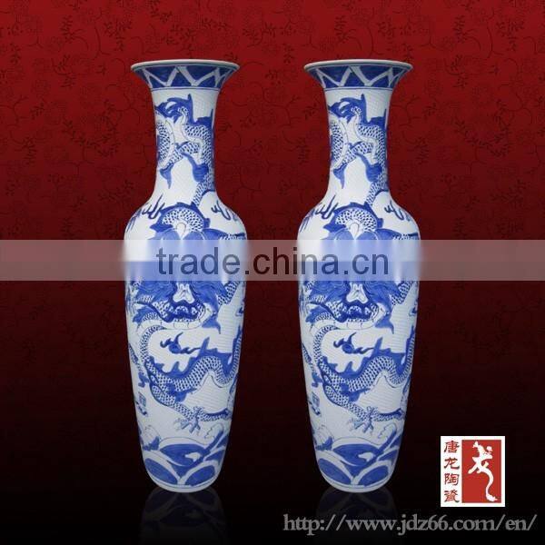 Chinese Antique Tall Blue and White Porcelain Vases With Hand Carved