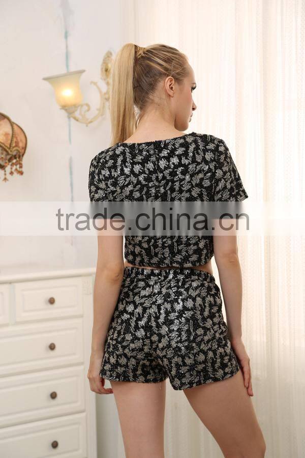 2015 New Arrival Short Sleeve Sequin Black Crop Tops For Women