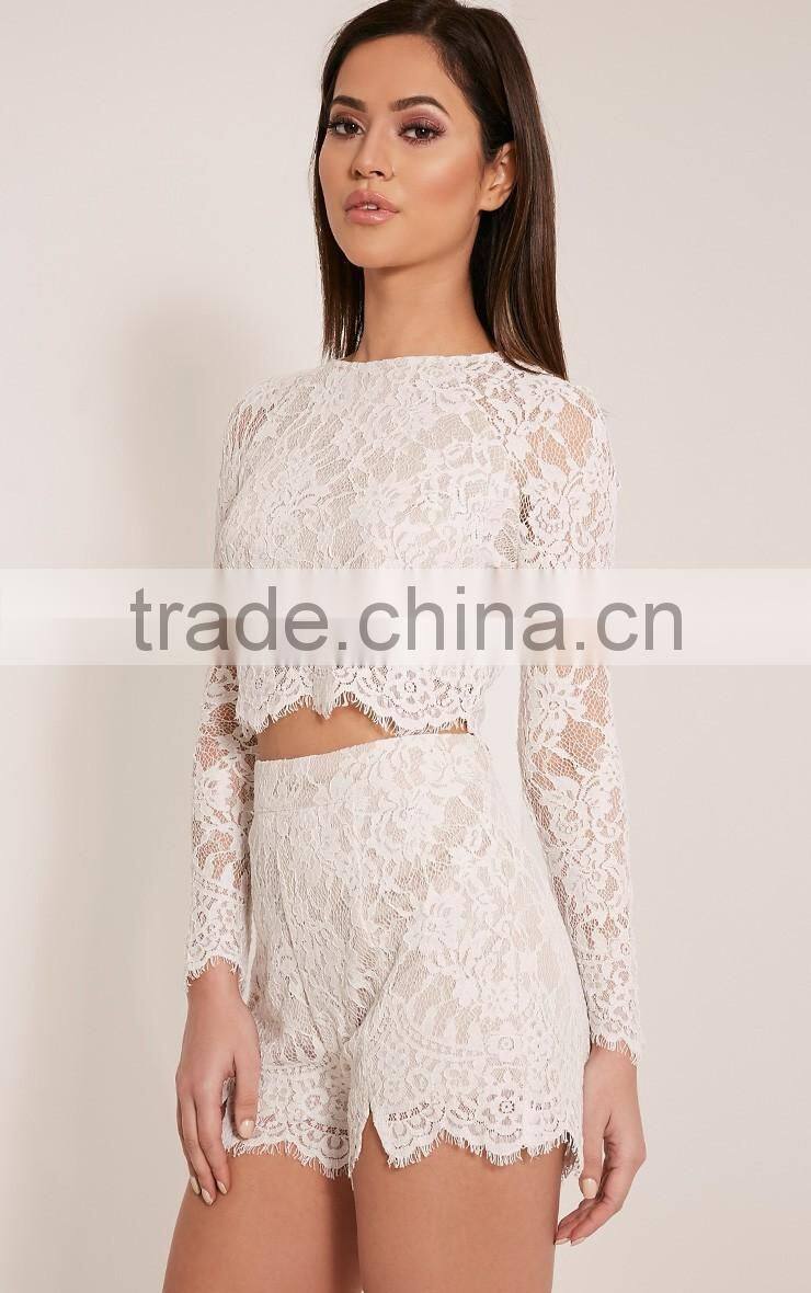 Crochect white lae designs long sleeve two piece sets Lace crop top and short pants designs