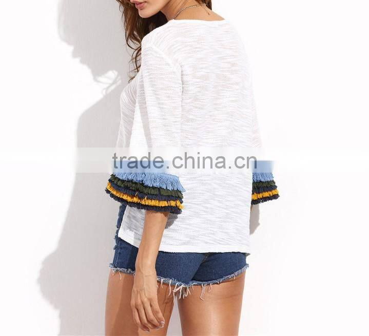 Womens Casual Clothing Summer T shirt Tops Ladies Fringe Cuff Half Flare Sleeve T-shirt