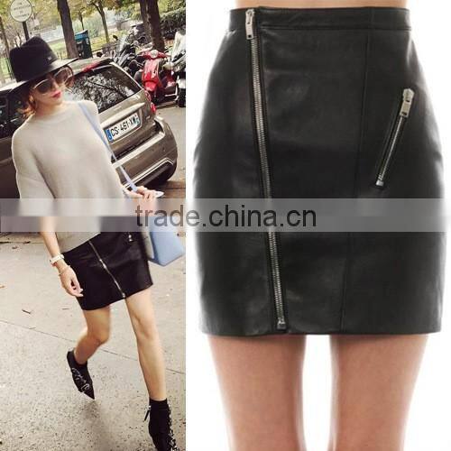 2016 new latest skirt design black pu leather zipper mini short lady skirt