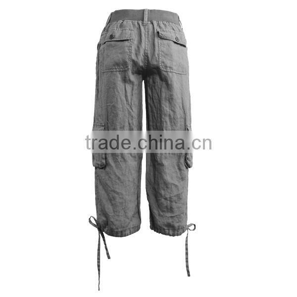 Wide waist band big pocket loose fitting drawstring embellished linen cargo pants