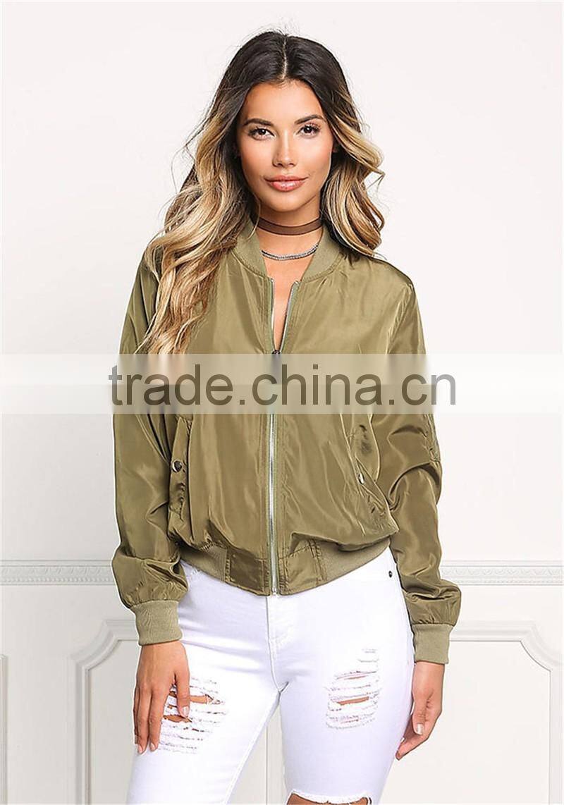 MGOO Fashion Apparel Cheap Price Custom Green Olive Bomber Jackets Crewneck Bottom Sleeves Cuff Silver Zippers