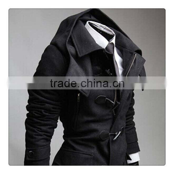 Hot sale cotton and polyester mixed stand collar with hat black and gray 4 size for choice woolen men coat clothing