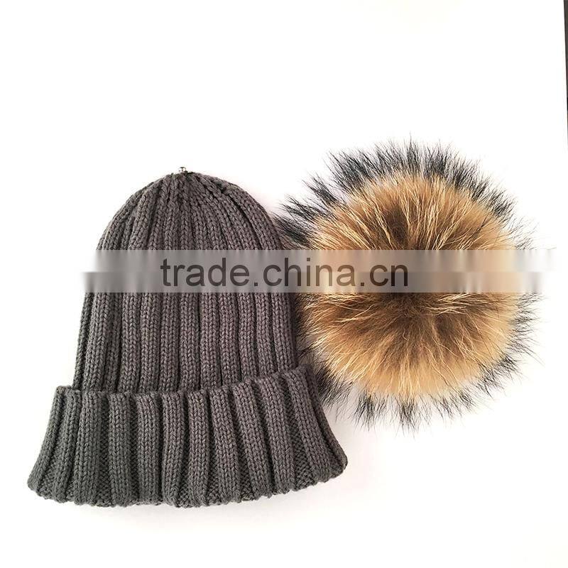 Myfur Dark Gray Wool Knitting Hat Couple Cap with Raccoon Fur Pompom