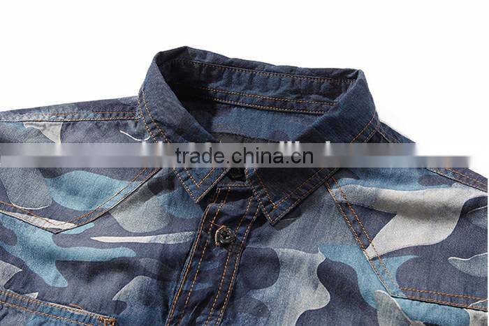 2016 Camouflage style men washed denim casual shirt