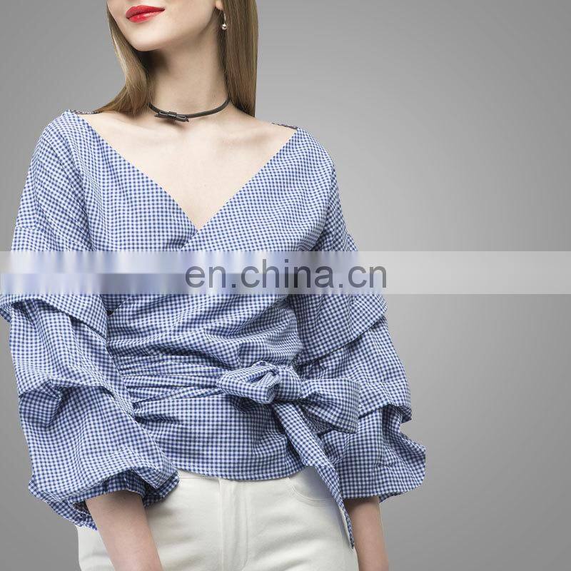 2017 Fashion Design Puff Sleeve Wrapped Top Deeper V Neck Ruched Sleeve Wrap Blouses In Blue