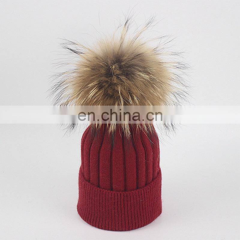 Top Quality Big Fur Pom Pom Kids Hats Raccoon Fur Balls Baby Knitted Hat