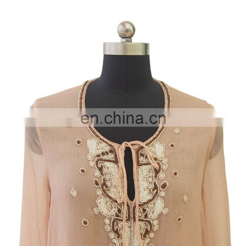 2016 latest fashion design women long sleeve round neck beaded chiffon blouse