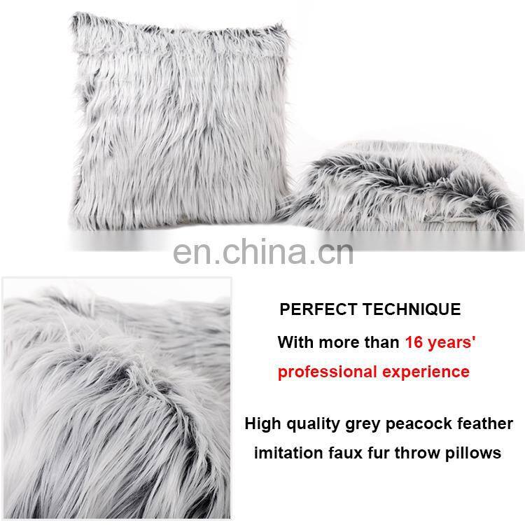 High quality grey peacocks feather imitation faux fur throw pillows breathable soft real peacock fur pillows