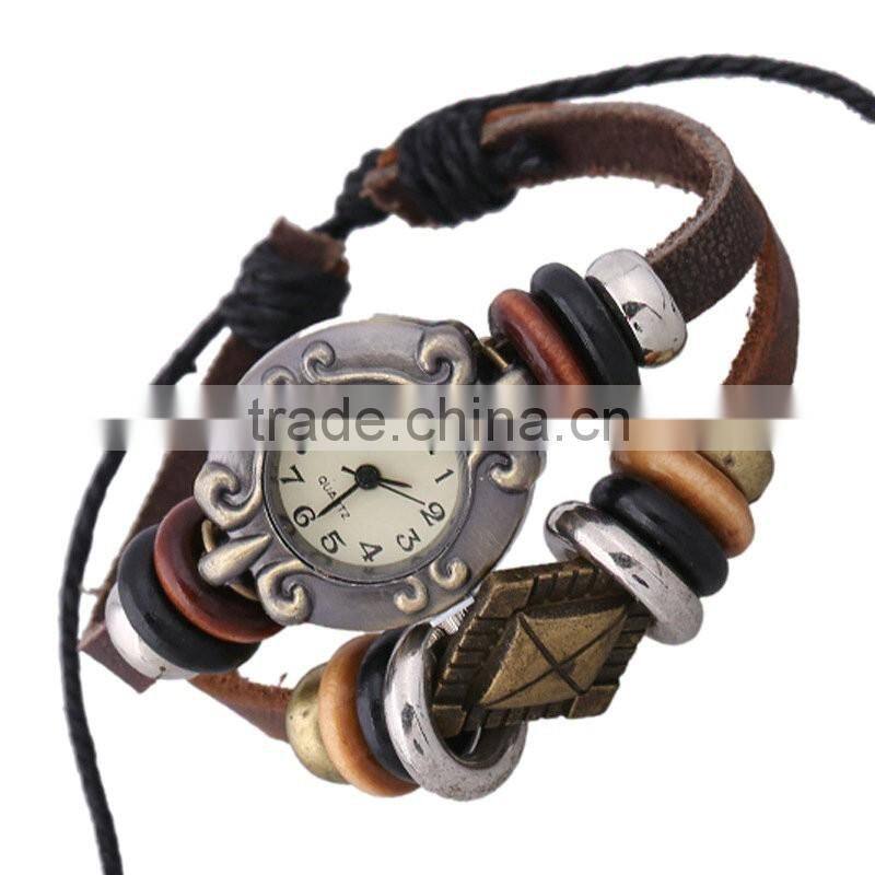 2016 fashion design leather cord bracelet watch multilayer leather wrap chain watch bracelet key charms
