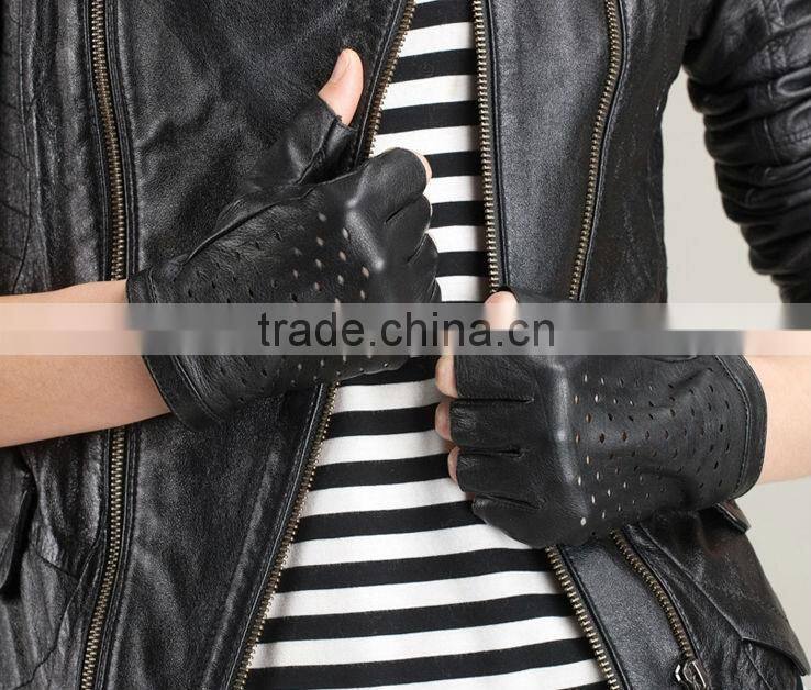 Ladies Urban fashion fingerless leather gloves with holes on the back