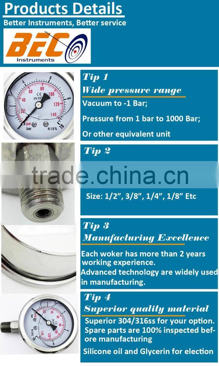(YBF-40A) 40mm all stainless steel small size warning region function dial normal structure welding gauge