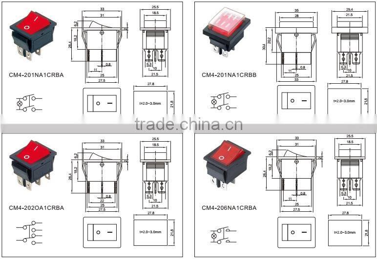 CHIMAI good quality cheaper price rocker switch light t85 250vac 220V colorful 4pin double pole rocker switch