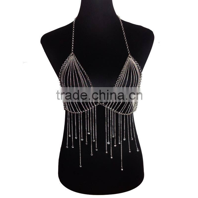 Multi Chain Necklace Long European And American Big Exaggerated Alloy Body Chain Tassel Silver Crystal Necklace