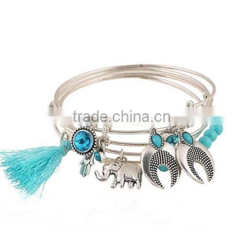 European fashion multi layered elephant beads tassel wire bracelet