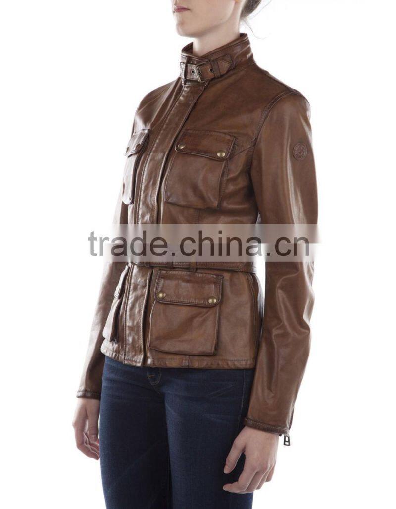 Stylish cognac leather jacket women