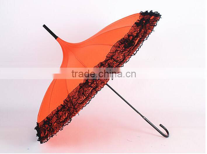 lady umbrella different color Long handle serging pagoda umbrella pagoda parasol with lace edge