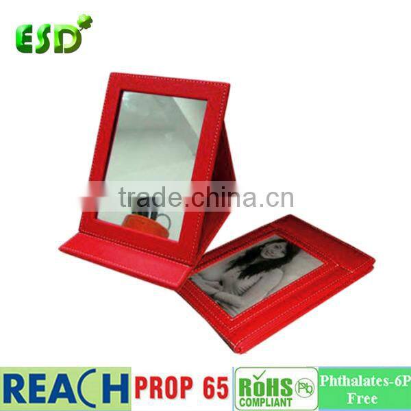 ESD PU Leather travel cosmetic folding mirror with photo frame