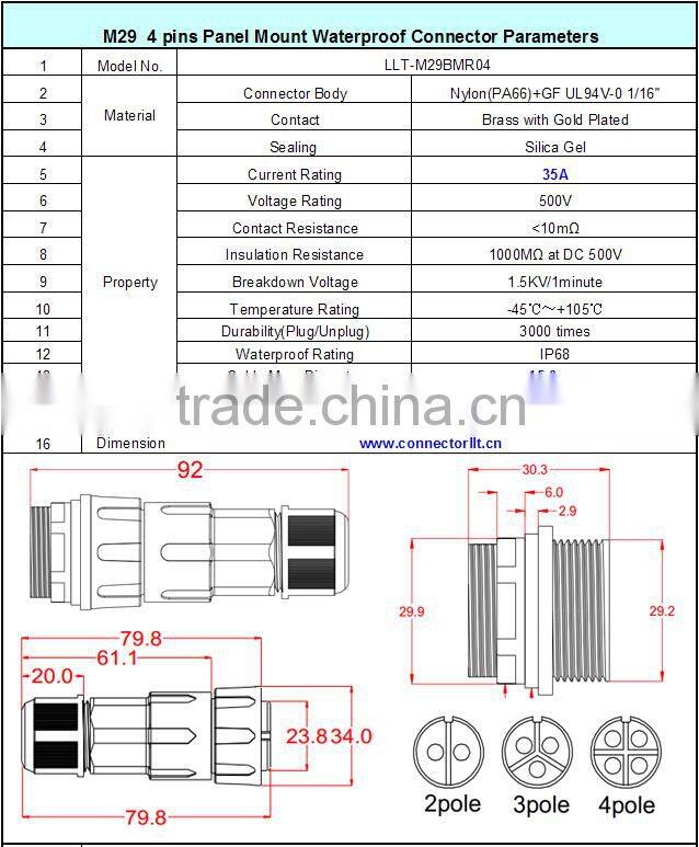 4 pole waterproof connector male socket with female plug cable to board connector