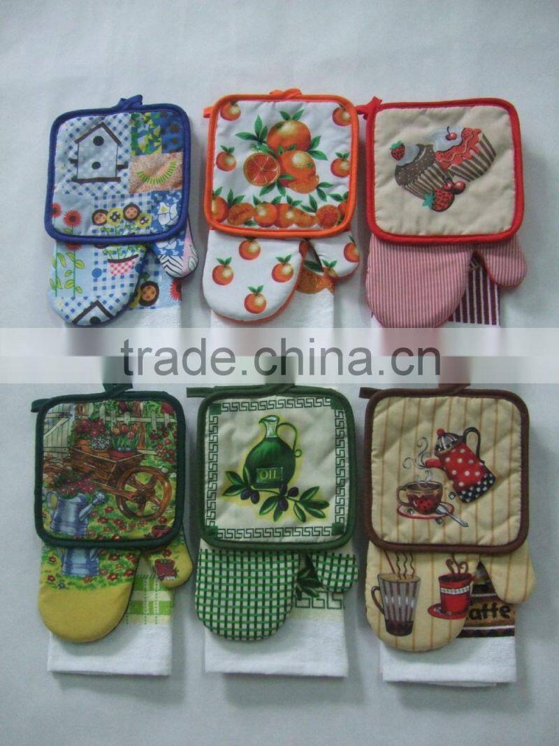 printed cotton kitchen towel set wholesale oven mitten & pot holder