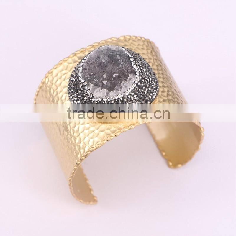 Gold Electroplated Brass Bangles, Natural Agate Quartz Stone Druzy Bangles in Adjustable Size