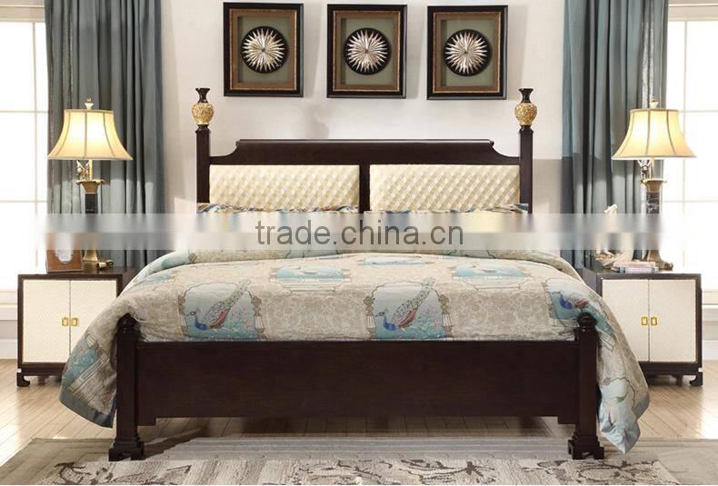 Chinese style bedroom furniture solid wood double bed with fabric upholstered bedboard