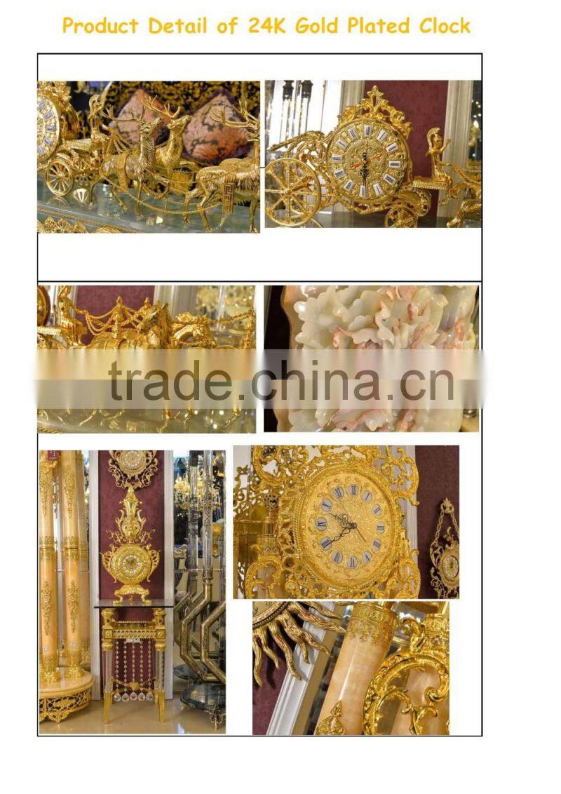 Royal Brass and Crystal Decorated Art Table Clock, Luxury Design 24K Gold Plated Table Clock, Empire Gold Gilt Table Clock
