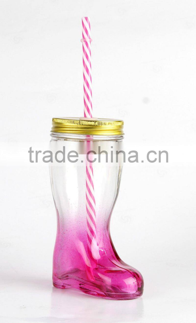 Colorful hot selling boots shape glass jar,juice jar